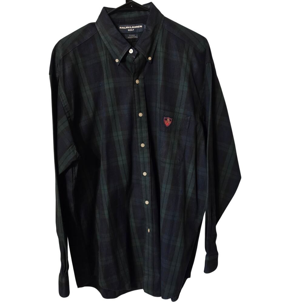 Ralph Lauren Crest Patch Long Sleeve Shirt w Plaid Logo Green L Oxford Navy OCBD